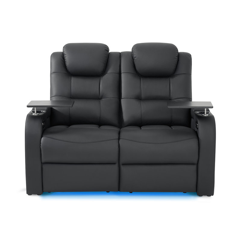 Double fauteuil inclinable de cinéma maison en cuir fleur avec ports USB et de type C, Cuir véritable noir