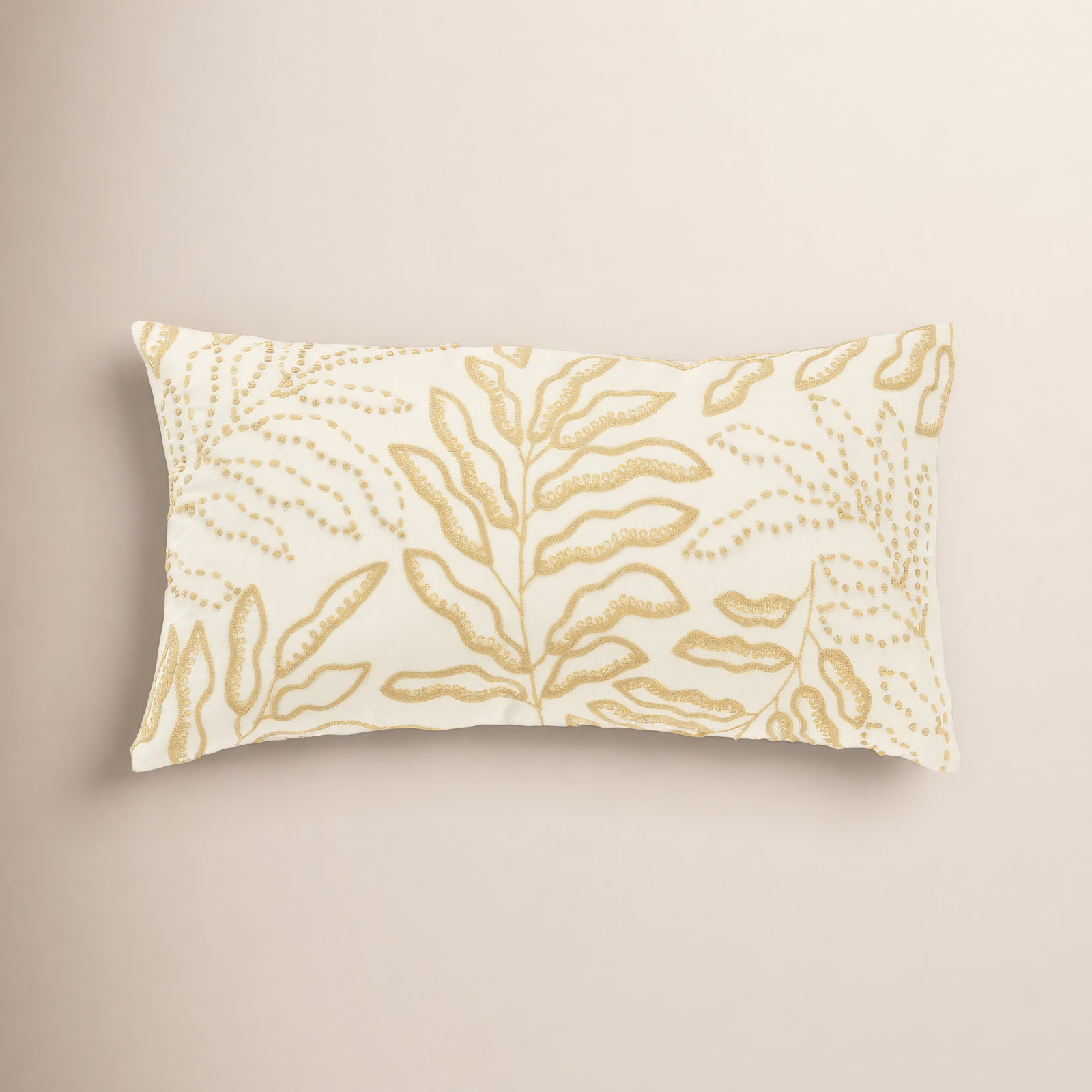Elwin Embroidered Cotton Lumbar Throw Pillow, Ivory/Beige
