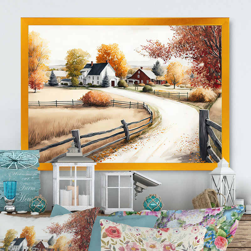 Chemin vers la grange III - art mural paysage de grange, Encadrement doré, H 24 po x l 32 po x P 1 po