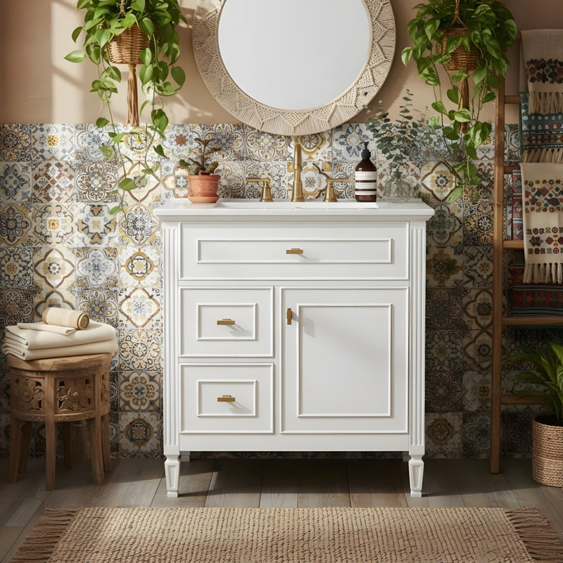 30'' freestanding vanity with a drop-front drawer, two standard drawers, and adjustable shelves, 30", White