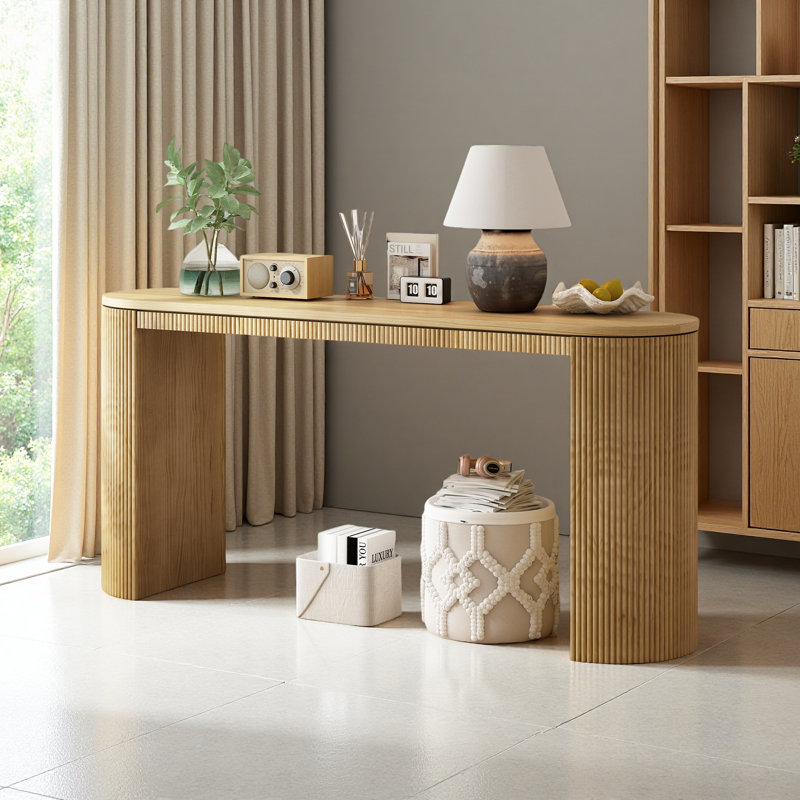 Console incurvée à rayures verticales uniques, idéale pour le salon, le bureau et l'entrée, Naturel