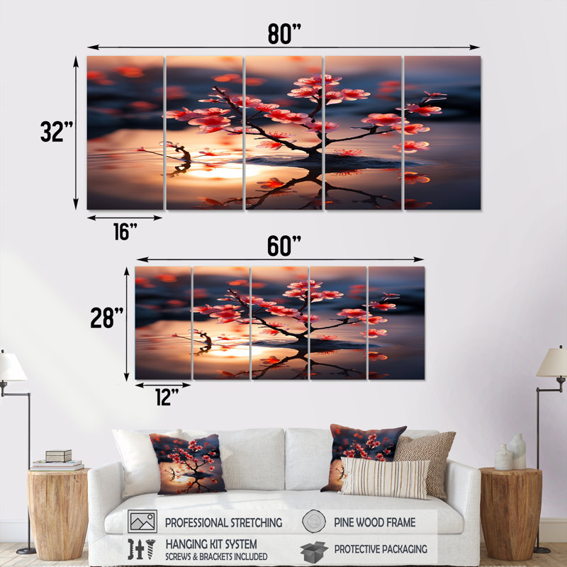 Fleurs de cerisier à l'aube au soleil du matin - Art mural de fleur de cerisier pour le salon 5 pièces, H 28 po x l 60 po
