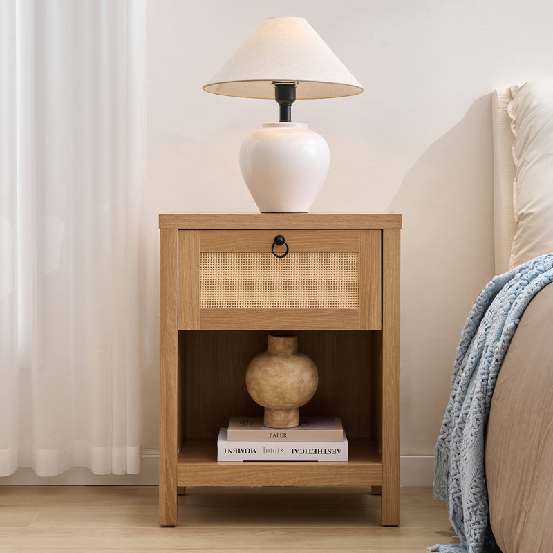Table de chevet en rotin Farmhouse, table de chevet Boho avec tiroir et rangement ouvert, table d'appoint en canne pour chambre à coucher et salon, chêne