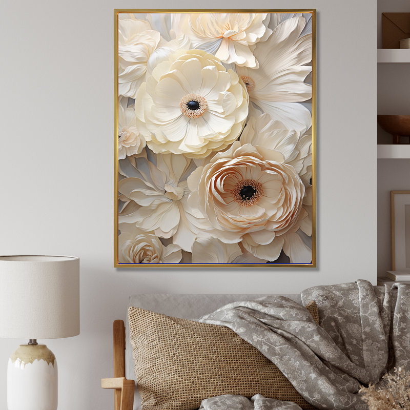 Beige minimalisme Ranunculus Dreams - art mural sur toile Renoncule, H 32 po x l 16 po x P 1 po, Cadre flottant doré