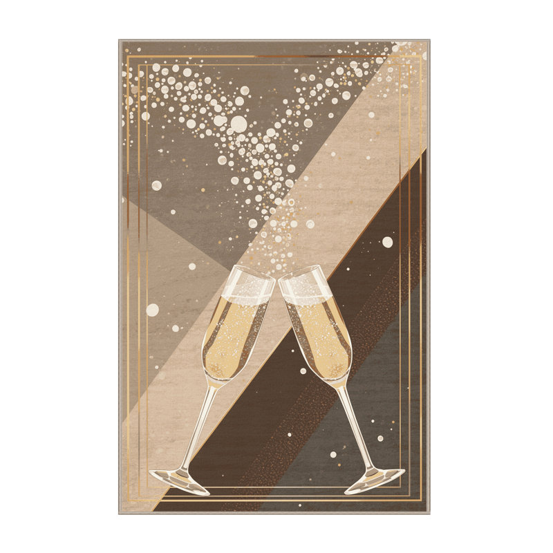 Machine Washable Tomohon Champagne Glass Toast Posh & Luxe Rug in Beige – Beige Binding, 6x9