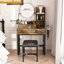 Coiffeuse à maquillage de style américain avec lumières à DEL, 2 grands tiroirs, rangement ouvert et luminosité réglable, brun, tablettes de rangement de construction, prise de courant, ports,