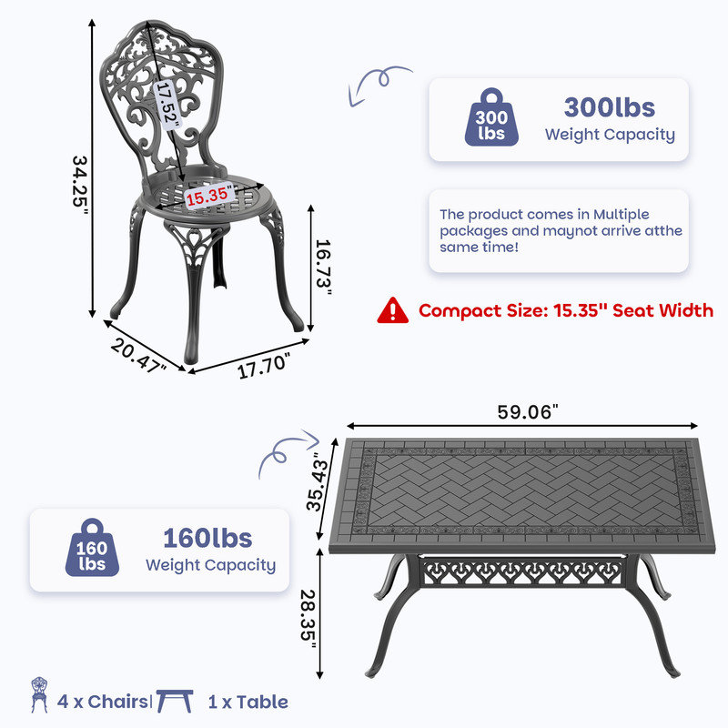 Table de salle à manger rectangulaire en aluminium moulé 59,06 po et 4 chaises avec siège de 15,35 po (5 pièces)