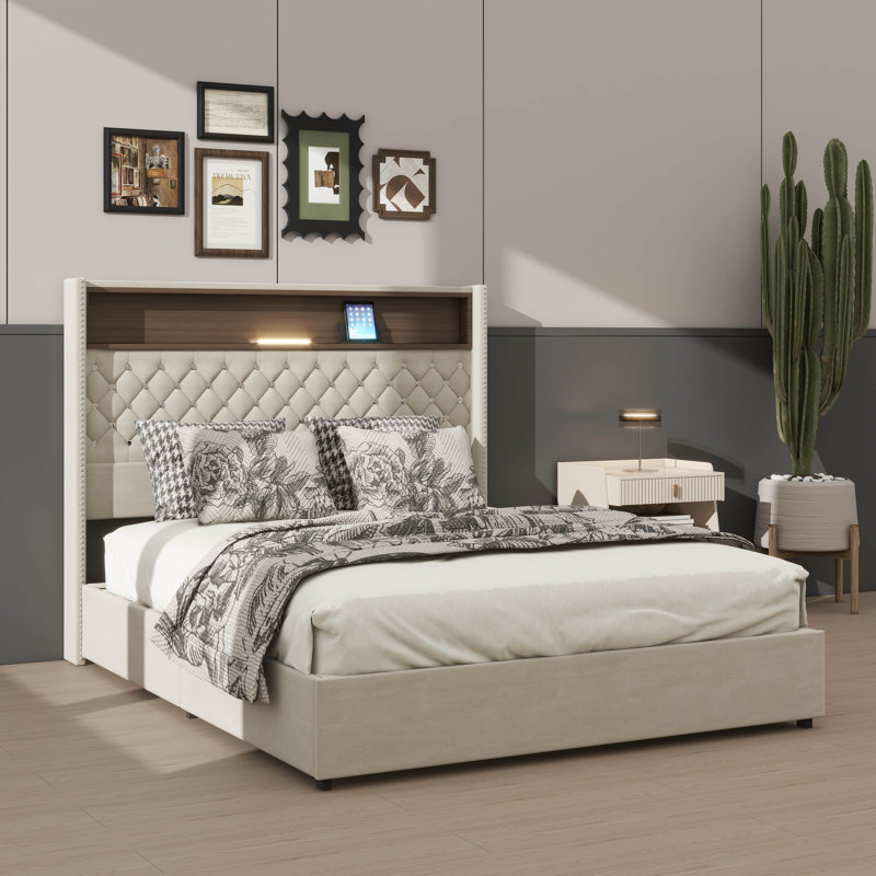 Structure de lit pour grand lit tapissier en velours, USB intégré et veilleuse, lit plateforme à oreilles avec rangement pour tête de lit