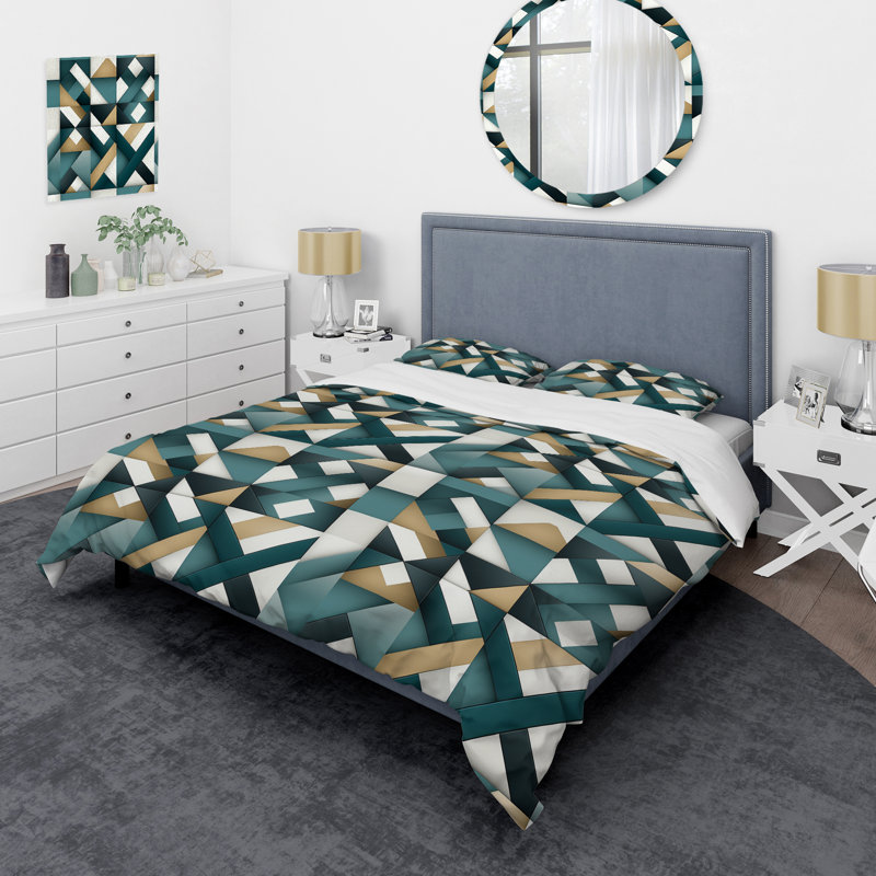 Ensemble de housse de couette géométrique bleu sarcelle et doré I, Housse de couette pour très grand lit et 2 très