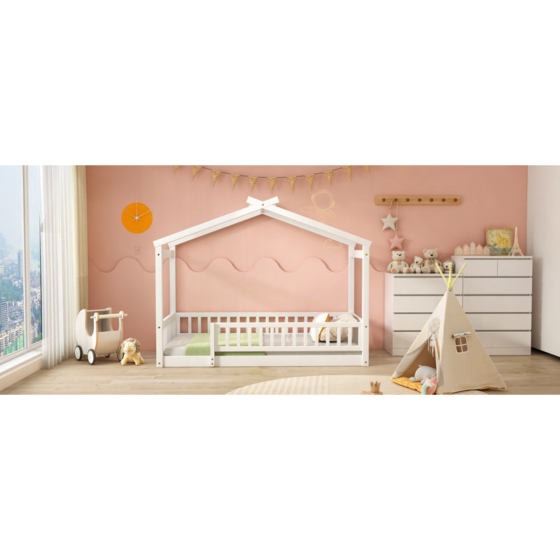Wood Bed House Bed Frame With Fence, Twin, White
