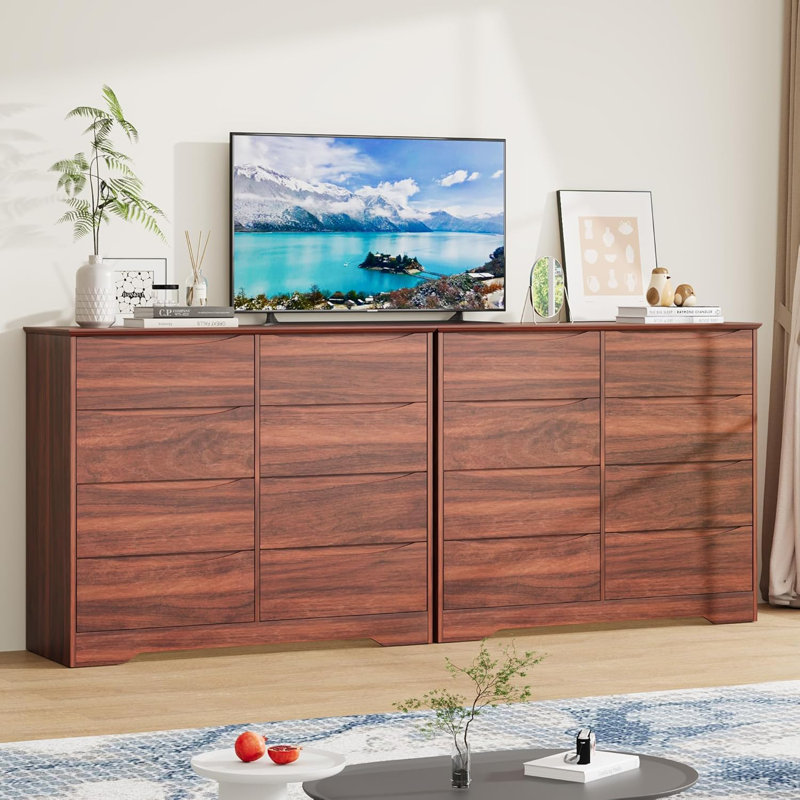 Grande commode moderne en bois avec 8 tiroirs, rangement profond, grande commode à large plateau, Brun