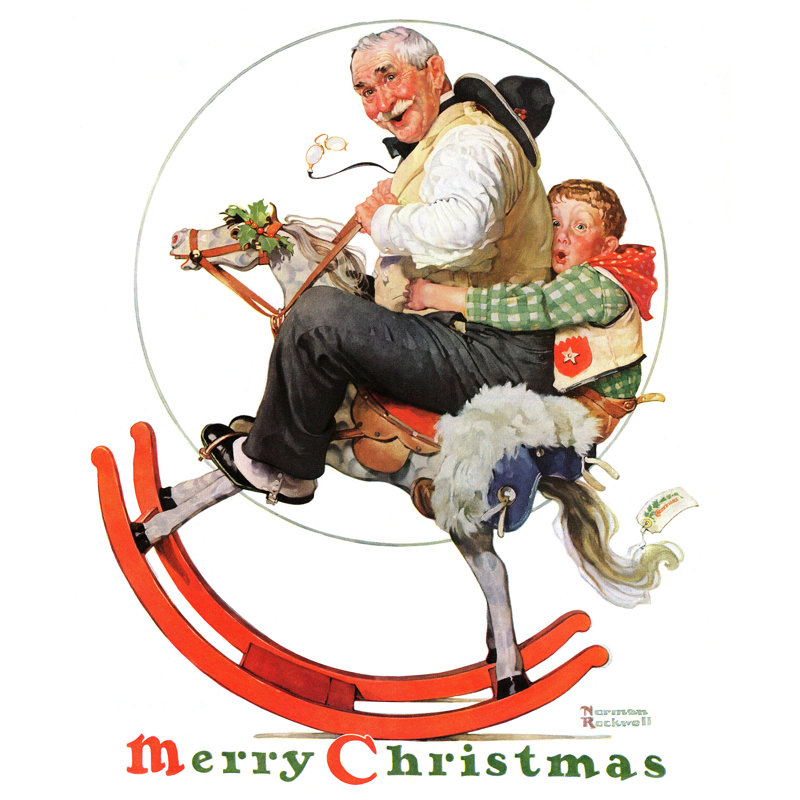 « grampss on rocking cheval » par norman rockwell, reproduction d’art sur toile tendue, H 36 po x l 30 po