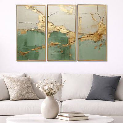 «Green Gold Minimalisme Poteries», ensemble d'art sur toile à spirales abstraites