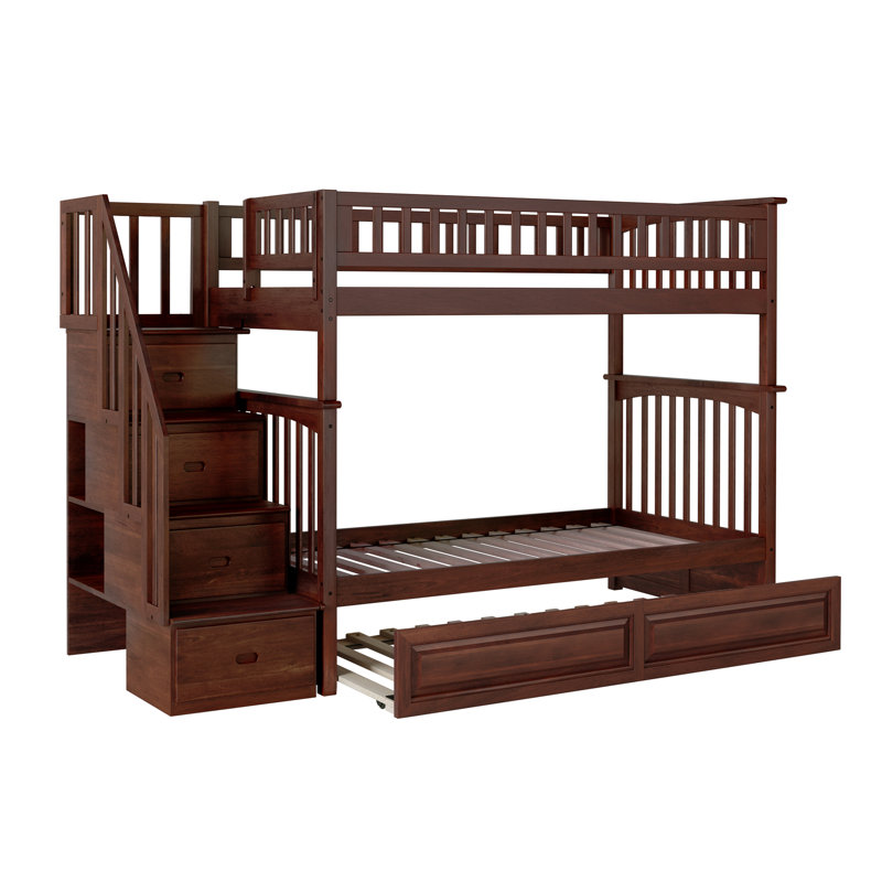 Lit superposé avec escalier de rangement en bois massif Blaisdell, Simple sur simple, Noyer
