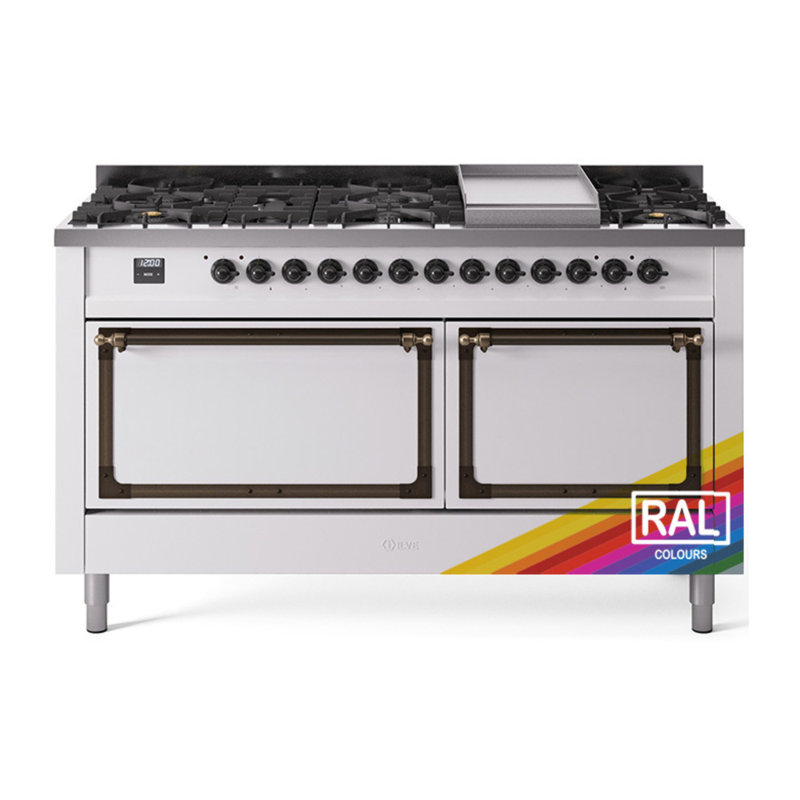 ILVE Nostalgie II Noblesse 60 inch Dual Fuel Range (9 Sealed Burners + Griddle, Solid Door, RAL), Natural Gas, Burnished