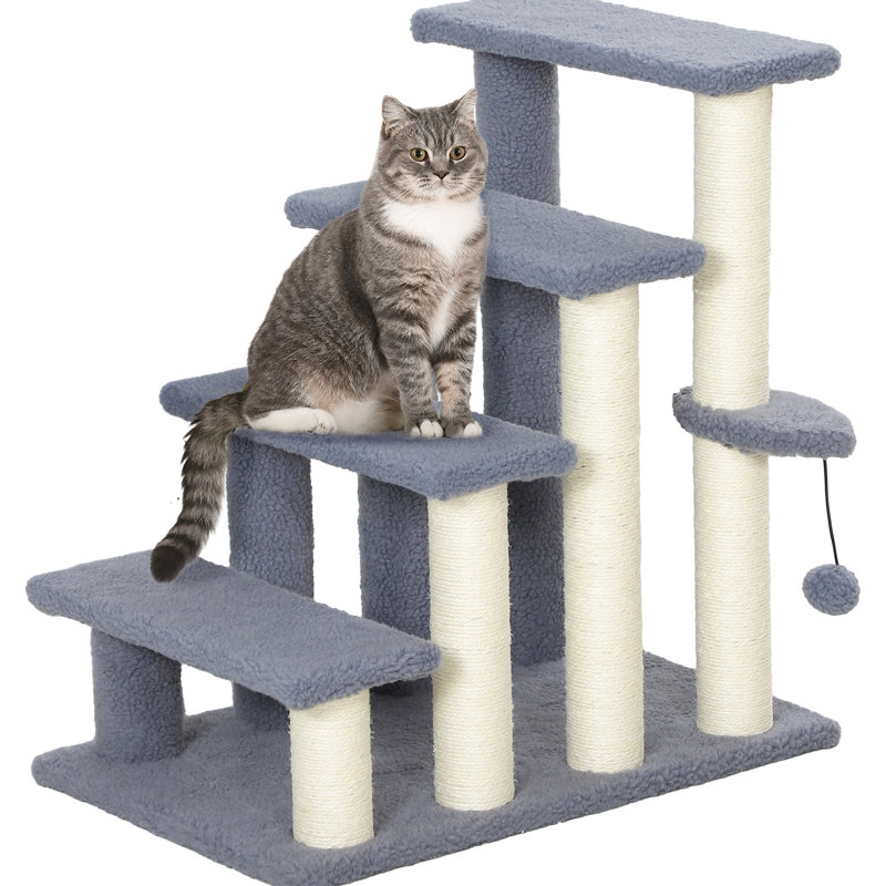 4 marches pour chat, tapis gris avec poteaux à griffer, jeu suspendu et marche latérale pour les animaux de compagnie, jusqu'à 10 livres,