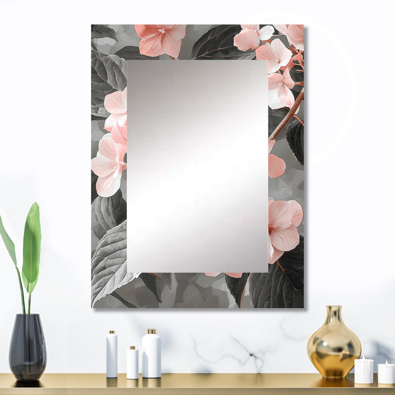 Soft Pink Hydrangea In Greyscale III - Hydrangea Mirror, Traditional Decorative Wall Mirror, Printed Metal Art, 32" x 24"