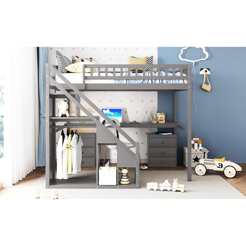 Lit mezzanine double pleine grandeur avec deux tiroirs de rangement, un bureau multifonctionnel et une unité de tiroir à DEL de style chambre à coucher à tiroirs compacts