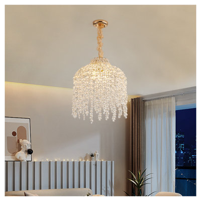 Lustre suspendu en cristal doré 16 po avec motif en cascade - Élégantes cordes de perles en forme de raisin pour le décor du salon, de la salle à manger et de la chambre à coucher