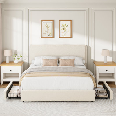 Structure de lit en molleton pleine grandeur, lit plateforme tapissier avec 2 tiroirs de rangement, tête de lit à hauteur réglable en nuage, lit en tissu doux et épais pour enfants, adolescents, style moderne, sans sommier tapissier, crème