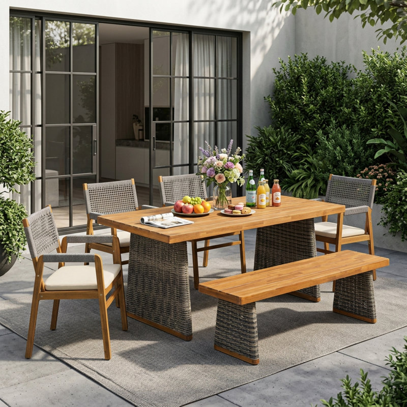 Ensemble repas d'extérieur en bois d'acacia de 6 pièces Traylor avec fauteuils en corde, table à lattes et coussins hydrofuges