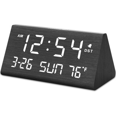 Digital Alarm Clocks For Bedrooms - Wooden Desk Clock With Date, Day Of Week, USB Port, Temperature, Dimmer For Bedside Table, Living Room, Office, Adjustable Volume, Auto DST, Wood Décor