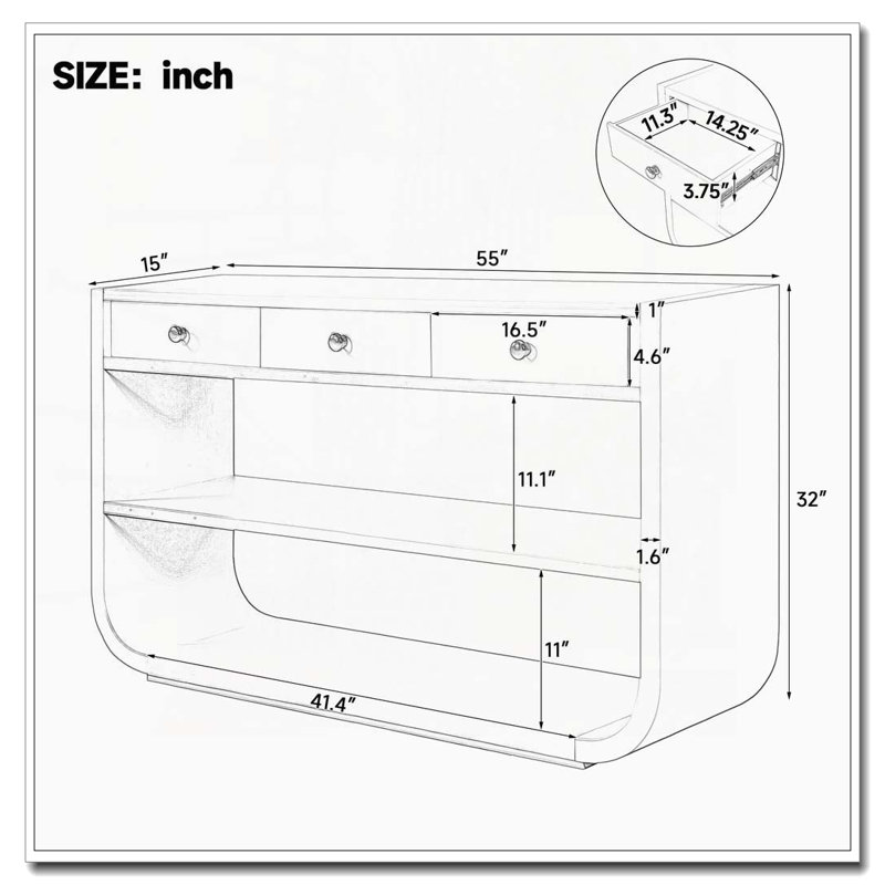 Console moderne avec 3 tiroirs à fermeture en douceur et 2 tablettes ouvertes, Blanc