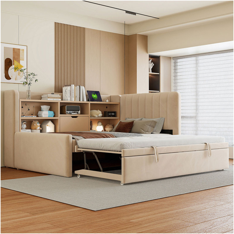 Lit de jour simple rembourré avec lit gigogne, tablettes de rangement, port USB et prise de courant (beige)