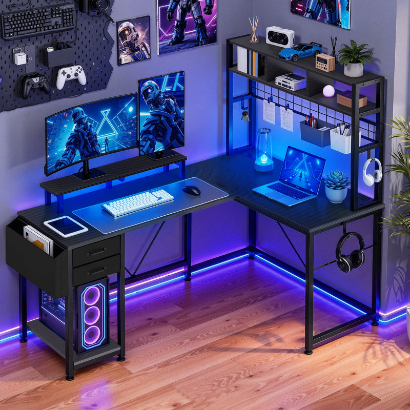 Metal Base Computer Desk with Power Outlet, Black