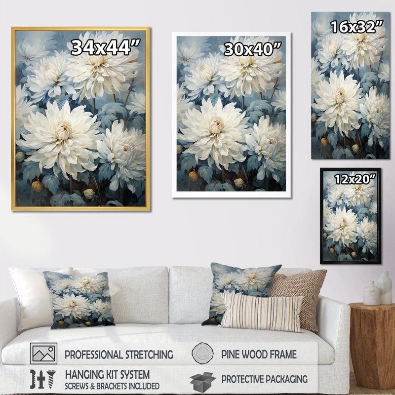 «Simplicity Mums Bloom» en beige et bleu pâle VI sur toile, H 32 po x l 24 po x P 1 po, Cadre flottant blanc