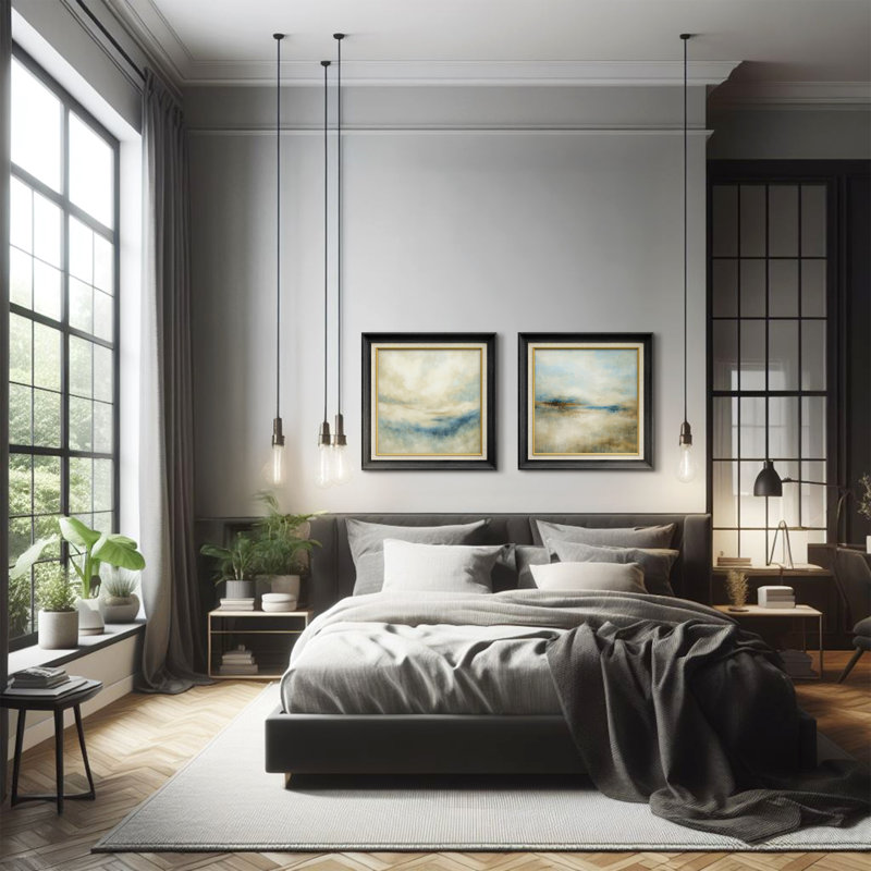 Doux paysage abstrait neutre dans des tons de beige et de bleu clair, œuvre d'art encadrée de la chambre principale, 2 pièces