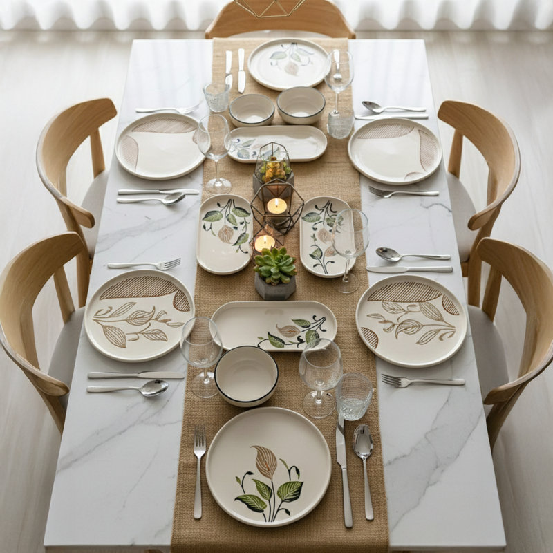 Ensemble de service de déjeuner en céramique (ensemble de 14), Floral, Beige