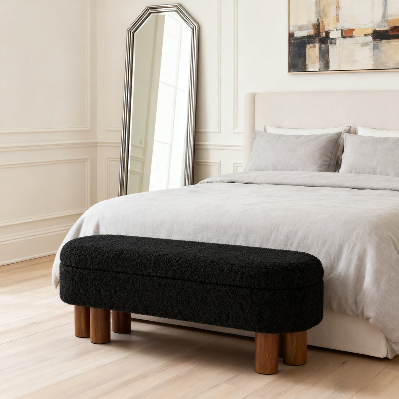 Joddie Upholstered Flip Top Storage Bench with Solid Wood Leg, Black Boucle