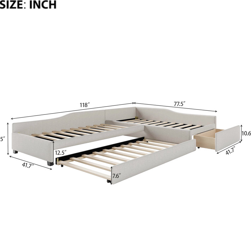 Beige Upholstered Daybed With Trundle, Drawer And Plywood Structure, Comfortable For Three Daybed, Drawer, Smooth Finish, Linen Blend