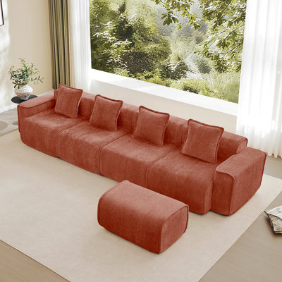 Canapé modulaire en L à 4 places avec passepoil à bordure française, sans assemblage requis, canapé à 4 places avec coussins décoratifs et 1 repose-pieds mobile, tissu de velours rouge