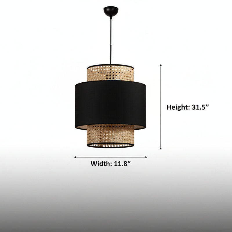 Lustre en rotin tissé à 2 niveaux Boho - abat-jour naturel canne, accents noirs