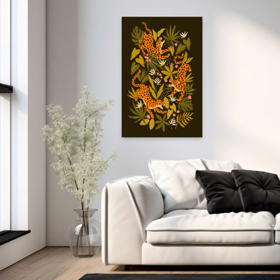 Leopards or jaguars with tropical leaves and plants on dark black background 1 Piece Wrapped Canvas Wall Art