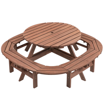 10-12 Person Walnut Brown Round Outdoor Wooden Picnic Table With Built-In Ring Stool - 500-Lb Capacity