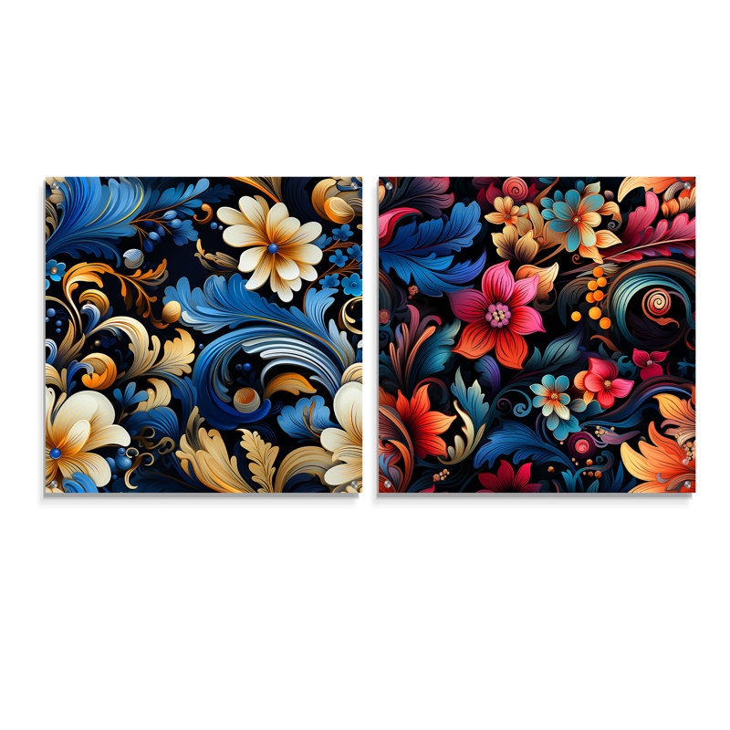 Motif de motif cachemire ethnique II - ensemble abstrait d'art mural en verre acrylique sur 2, H 16 po x l 33 po