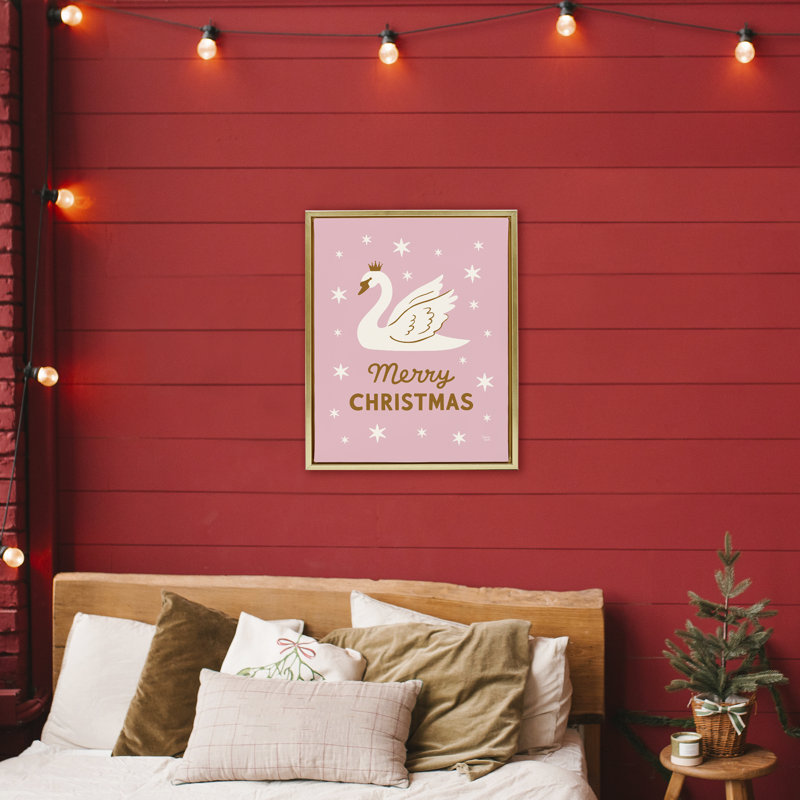 Cadre flottant rose avec cygne joyeux Noël, design par Jessica Beck, H 31 po x l 25 po, Cadre flottant métallique doré