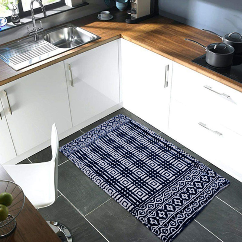 Navy and White Polyester Anti-Fatigue Kitchen Mat, 20" x 36"