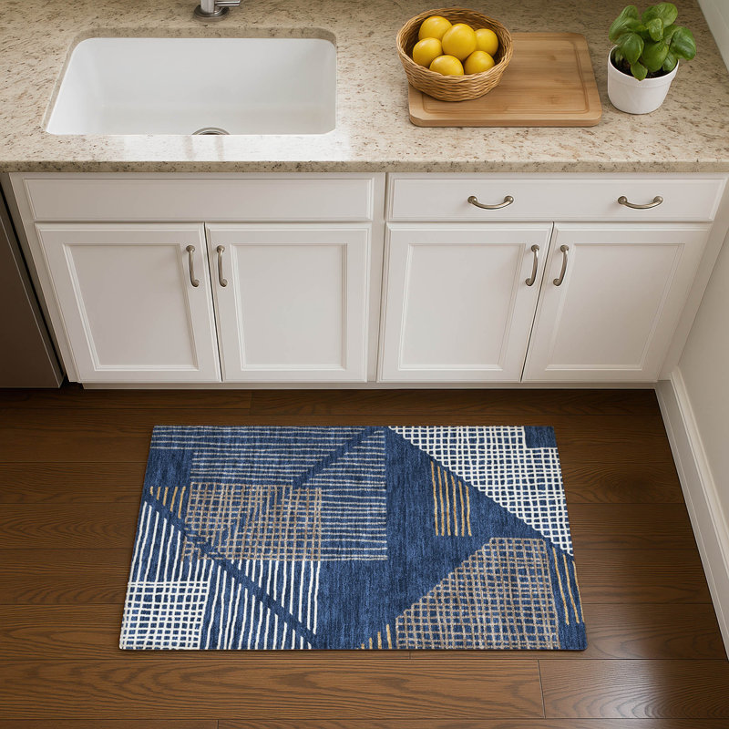 Premium Machine Washable Mayfield AMF2270 Striped Rug, 1'8" x 2'6", Navy
