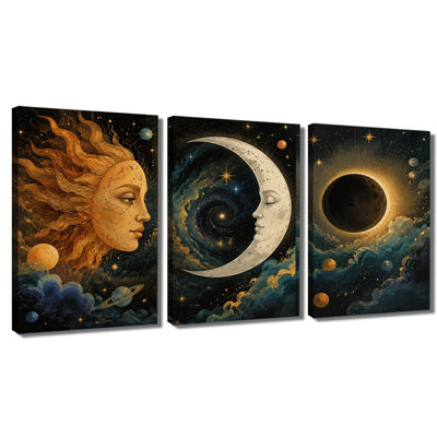 Celestial Printed Sun Moon Face Eclipse Galaxy Star Planet Cloud Mystic Cosmic Wall Art 3PC Wrapped Canvas Wall Art (1)