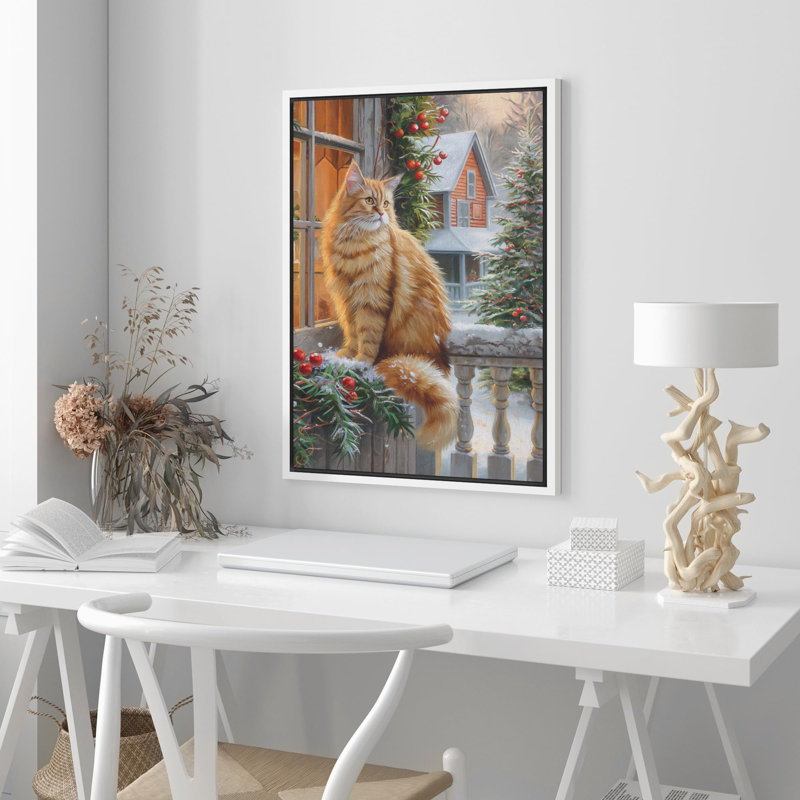 Scène d'hiver douillette avec un chat orange moelleux près d'une fenêtre de porche décorée, art moderne chaleureux