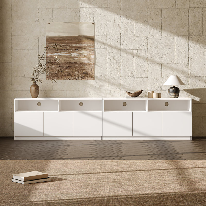 Meuble télé 94,5 po blanc modulaire pour téléviseur 75/85/100 po avec rangement caché, meuble télé H 25,6 po avec console sans poignée et gestion des câbles pour le salon (ensemble de 2)