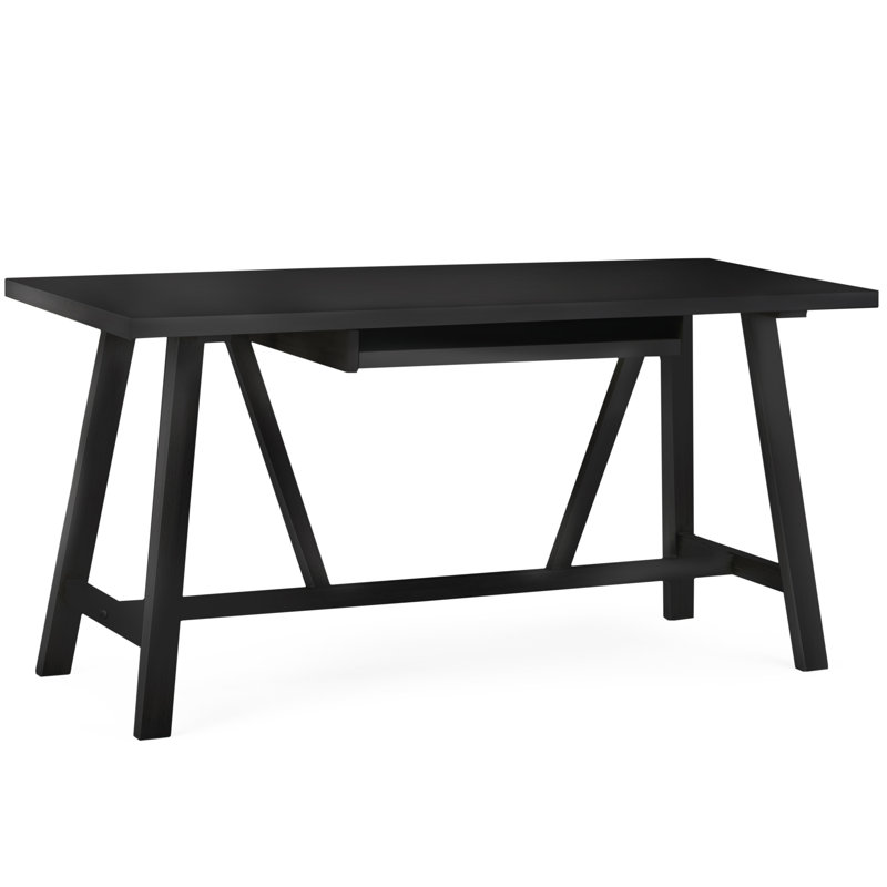 Bureau en bois massif de 60 po de largeur Dylan, style industriel moderne avec plateau à clavier et tréteaux, Noir
