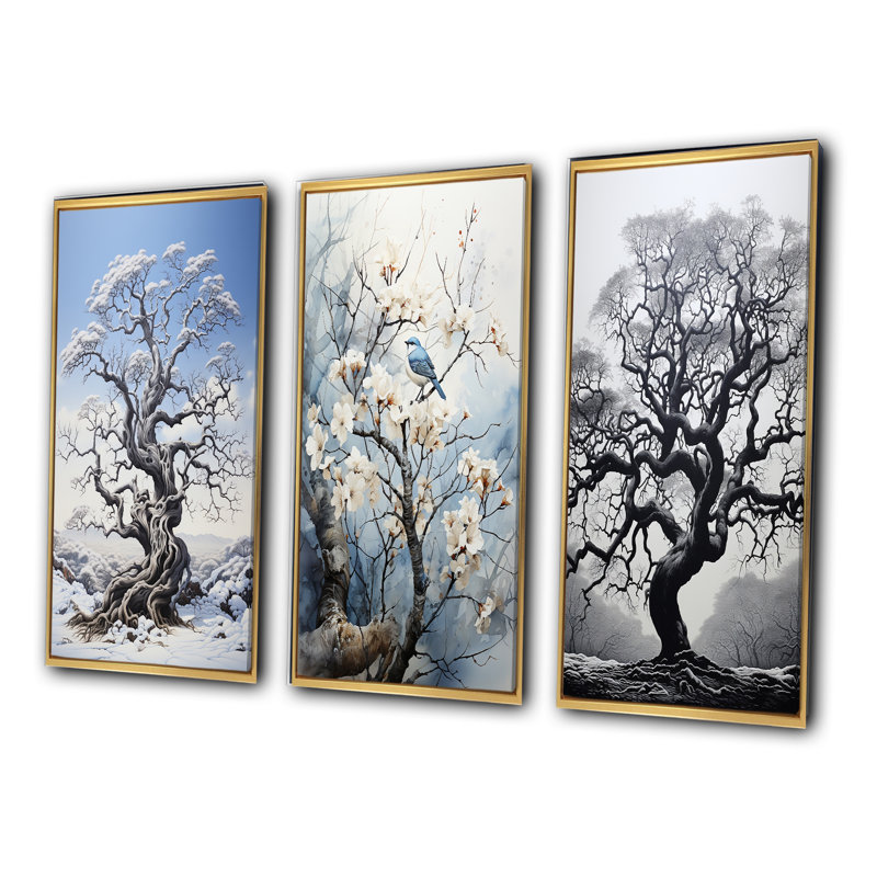 «White Tree Harmony Landscape», 3 pièces sur toile, H 32 po x l 48 po, Encadré naturel