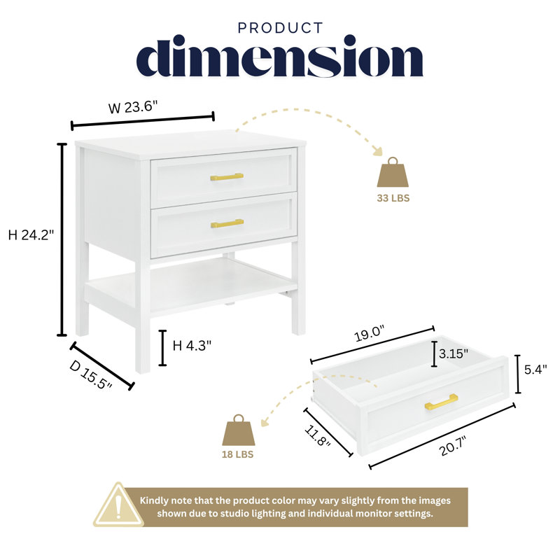 Elora 2 Drawer Nightstand, Bedside Table with Storage Drawers, Night Stand for Bedroom, End Table or Side Table for Living Room, 15.5" D x 23.6" W x 24.2" H, White