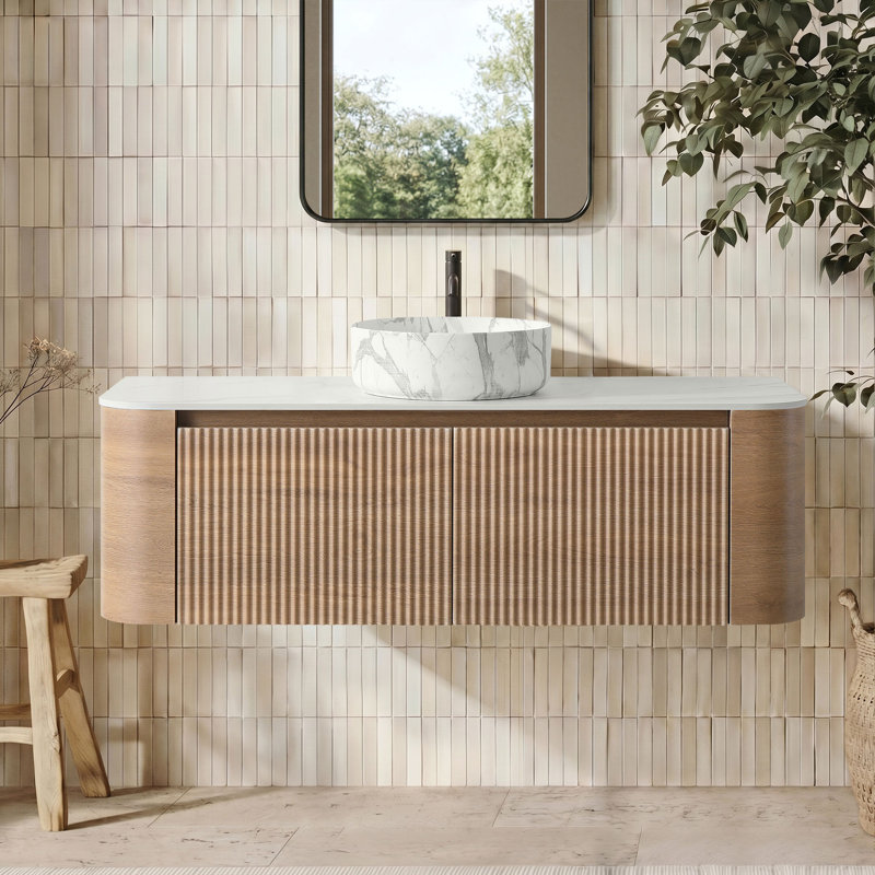 Meuble-lavabo flottant 48 po avec lavabo vasque et porte-serviettes 48 po, Honey Oak, Carrara White