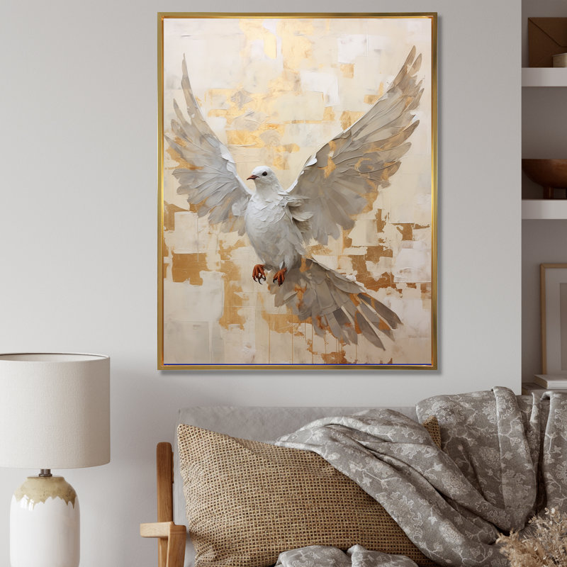 Minimalisme beige et colombe dorée III sur toile, H 44 po x l 34 po x P 1,5 po, Cadre flottant doré